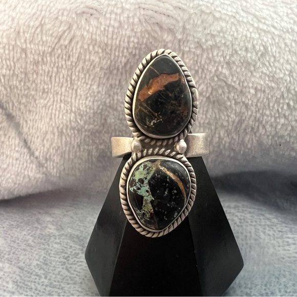 Hand Crafted Jewelry - ❤️ Rare BlackJack Turquoise 2 Stone 926 Adjustable Navajo Ring 9.5gm Unisex
